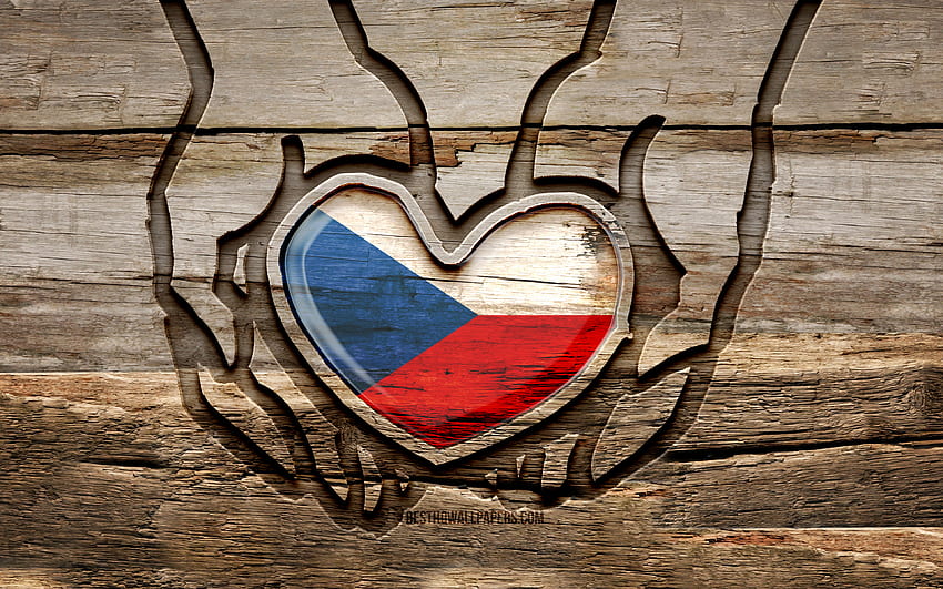 Kocham Czechy, drewniane rzeźbione ręce, Dzień Republiki Czeskiej, Flaga Republiki Czeskiej, kreatywny, Flaga Republiki Czeskiej, Flaga Republiki Czeskiej, Flaga Republiki Czeskiej w ręku, Uważaj Republika Czeska, Republika Czeska Tapeta HD