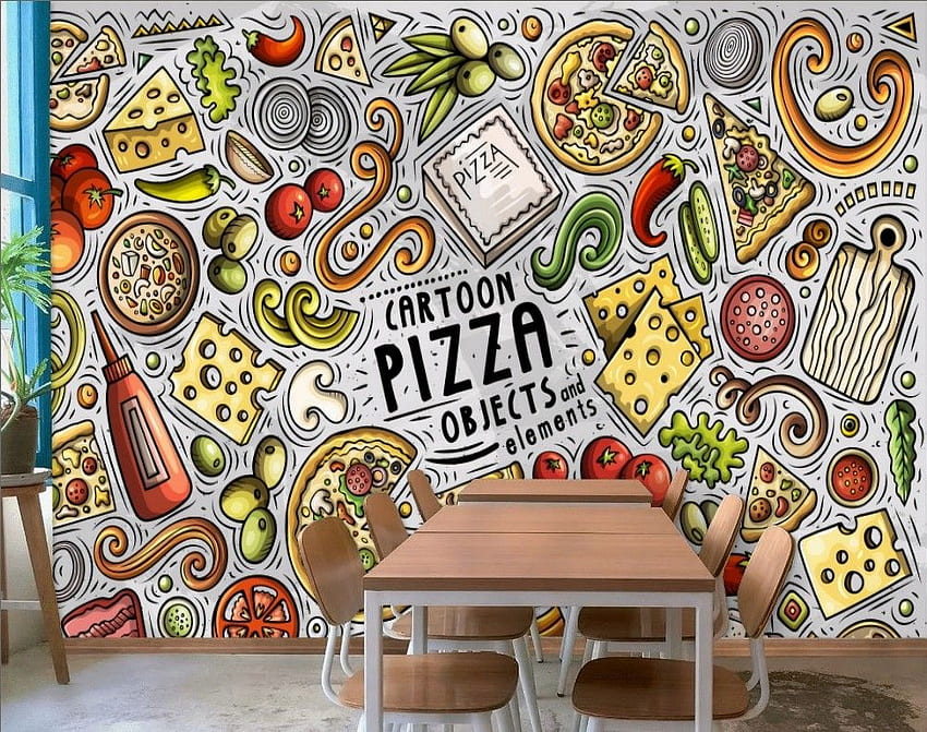 Kreskówka kolorowe fast foody i pizza Mural. Mural, restauracja artystyczna, pizza, jedzenie w kawiarni Tapeta HD