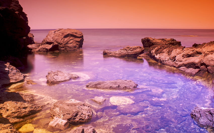 Another Planet, skies, rocky, beaches, colors, beautiful, dusk, shore, nature, water, calm, clear HD wallpaper