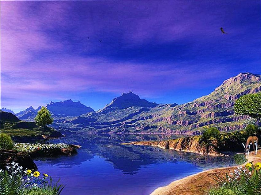 Mañana en el lago, azul, tenues nubes, valle, cielo, alimentación de ciervos, montañas, calma, lago fondo de pantalla