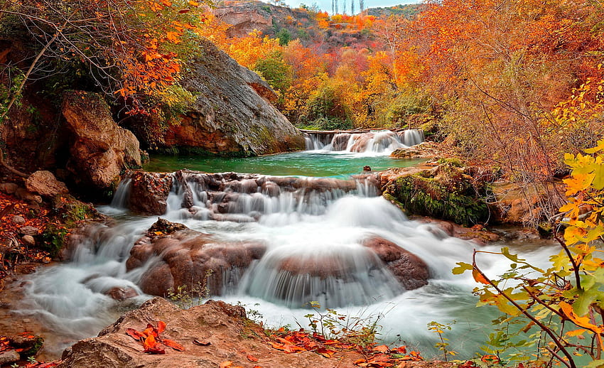 Musim gugur, sungai, warna-warni, musim gugur, Cantik, batu, air terjun, kaskade, pohon, musim gugur, hutan, gunung, dedaunan Wallpaper HD