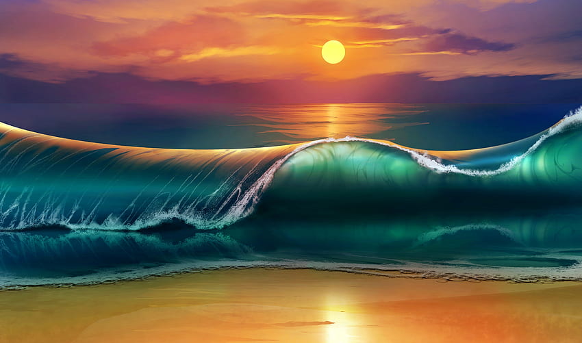 morze, zachód słońca, sztuka, fale, plaża Tapeta HD