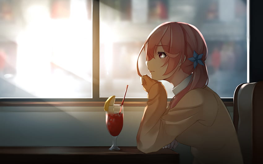 Futaba Kitakami, Cafe, Profilansicht, Fenster, virtuell - Ästhetische Anime Cafe Art - -, Anime Coffee Shop HD-Hintergrundbild