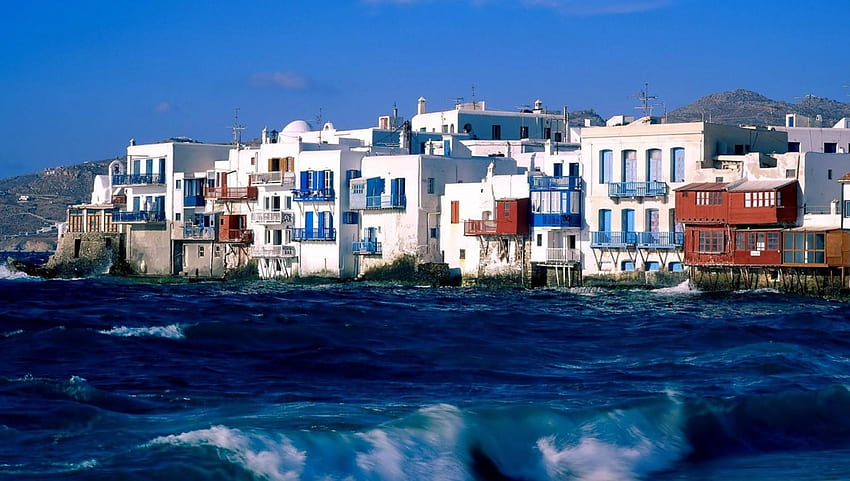 ギリシャ、ミコノス島のキクラデス諸島、海、島、波、村 高画質の壁紙