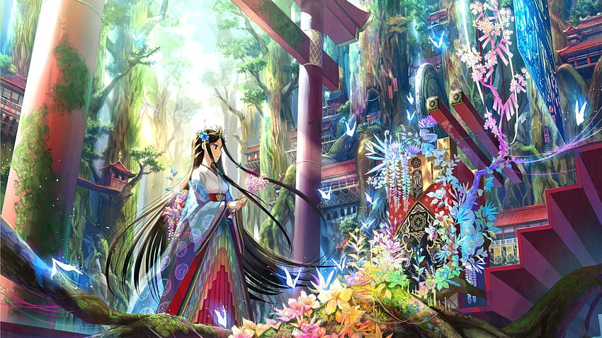 Аниме аниме момичета Фуджи Чоко черна коса сини очи пеперуда азиатска архитектура цветя гора украшение за коса японски дрехи кимоно дълго ха. คาวาอี, ภาพ, ориенталско аниме HD тапет