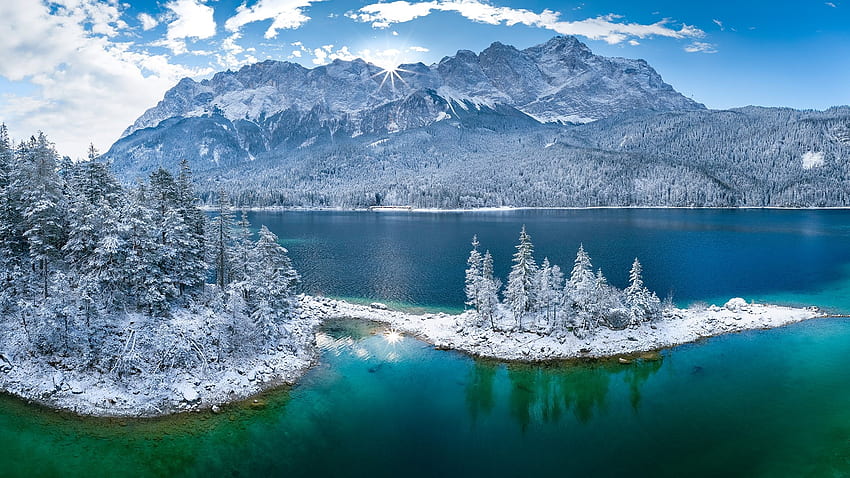 eibsee, 눈, 나무, 구름, 태양, 호수와 같은 눈 덮인 산 HD 월페이퍼