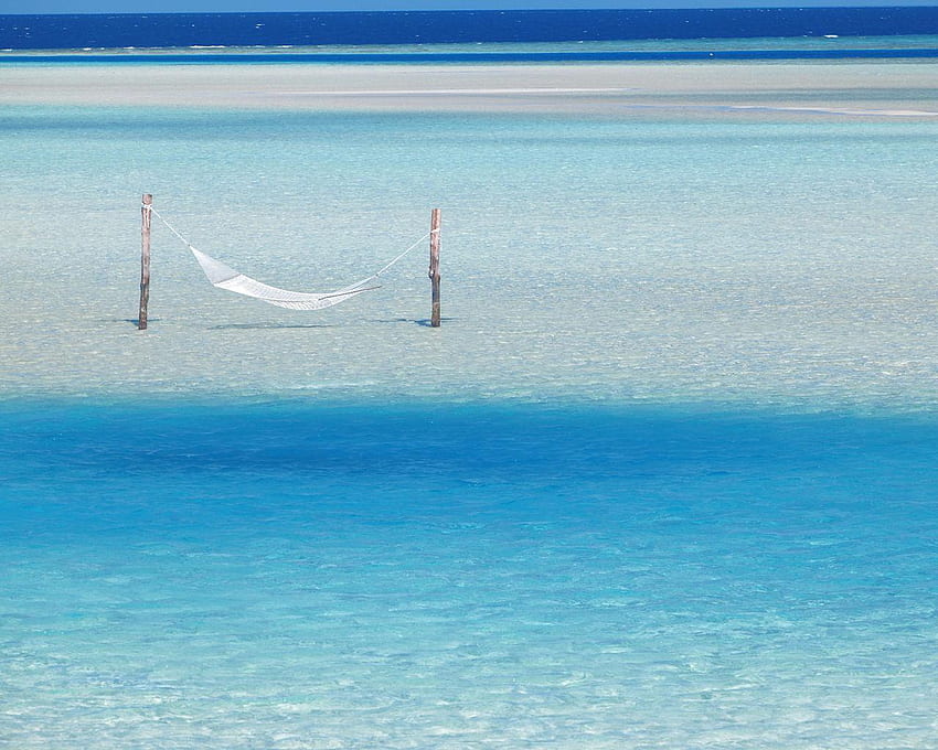 Hammock Hanging in Shallow Water, blue, white, sand, sky, hammock, water, ocean, beach HD wallpaper