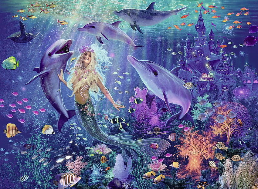 Mermaid, sea, dolphin, summer, purple, fantasy, underwater, luminos, vara, siren HD wallpaper