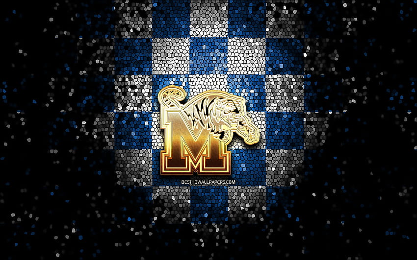 Memphis Tigers, glitter logo, NCAA, blue white checkered background, USA, american football team, Memphis Tigers logo, mosaic art, american football, America for with resolution . High Quality HD wallpaper