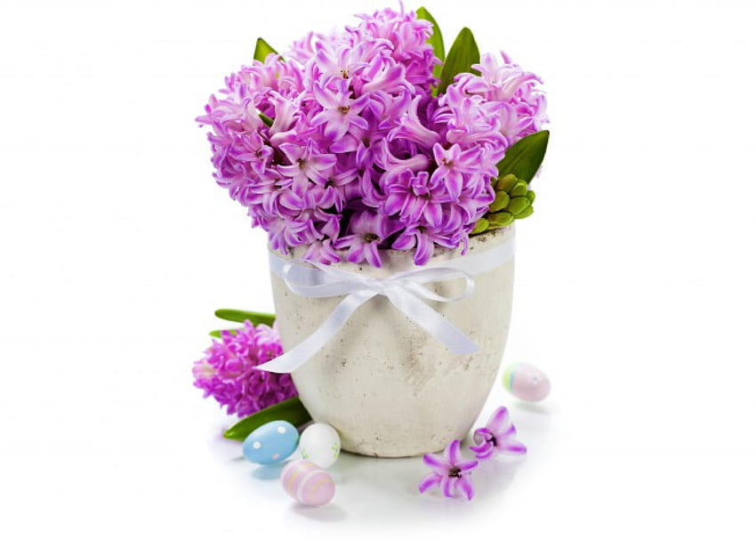 Bunga Musim Semi, vas, paskah, bunga, musim semi, telur, eceng gondok, busur, ungu Wallpaper HD