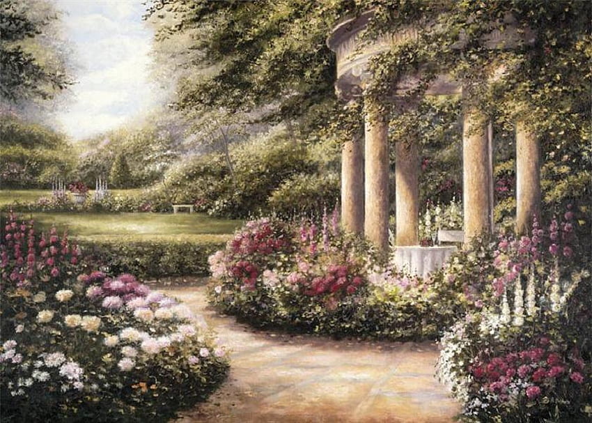 Romantic Dinner for Two, bench, table, plants, columns, table cloth, lawn, urn, painting, trees, flowers, sky HD wallpaper