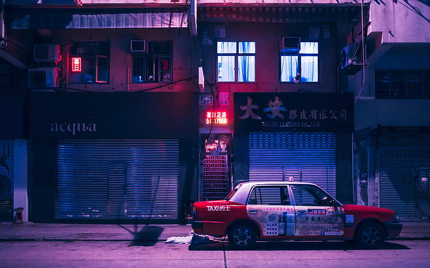sedan putih dan merah, Kowloon, Hong Kong, Cina, gelombang uap, lampu neon • Untuk Anda Untuk & Seluler Wallpaper HD