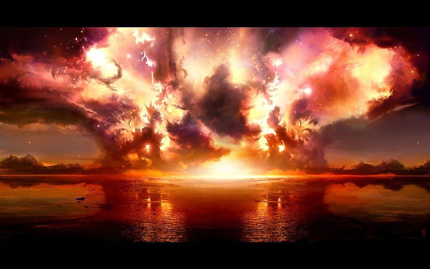 Fire in the Sky, sea, explosion, fire, bright HD wallpaper