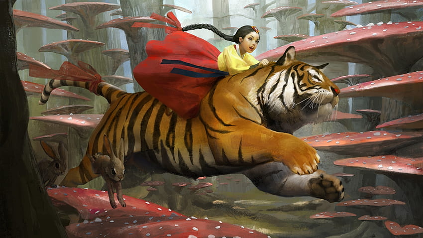 Riding the tiger, animal, asian, tiger, girl, mushroom, pink, fantasy, yellow, red, tigru, rider, sangsu jeong HD wallpaper