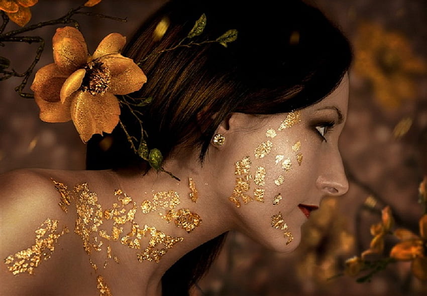 เทพธิดา ฟอยล์ เกล็ดทอง ทอง ต่างหู ผู้หญิง สีน้ำตาล ดอกไม้ ใบหน้า วอลล์เปเปอร์ HD