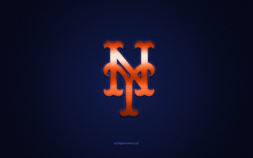 Emblem der New York Mets, American Baseball Club, orangefarbenes Logo, Hintergrund aus blauer Kohlefaser, MLB, Insignia der New York Mets, Baseball, New York, USA, New York Mets HD-Hintergrundbild