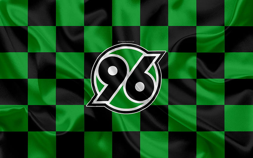 ハノーバー 96、ロゴ、クリエイティブ アート、緑黒チェッカー フラグ、ドイツ サッカー クラブ、ブンデスリーガ、エンブレム、絹のテクスチャ、ハノーバー、ドイツ、サッカー、ハノーバー FC の解像度 . 高品質 高画質の壁紙