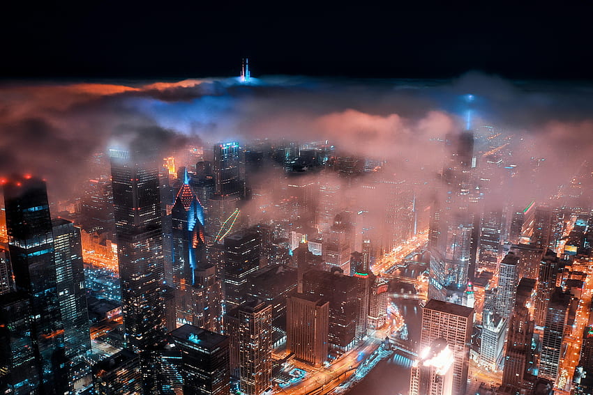 도시, 밤, 구름, 도시, 건물, 위에서 보기, 어두운 HD 월페이퍼