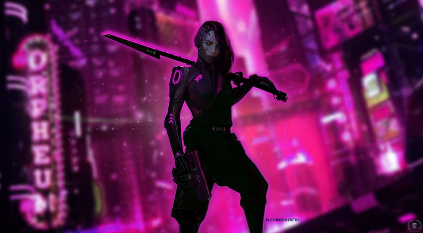 Cyberpunk Girl Digital Art, Artist, , , Background и Cyberpunk Warrior HD тапет