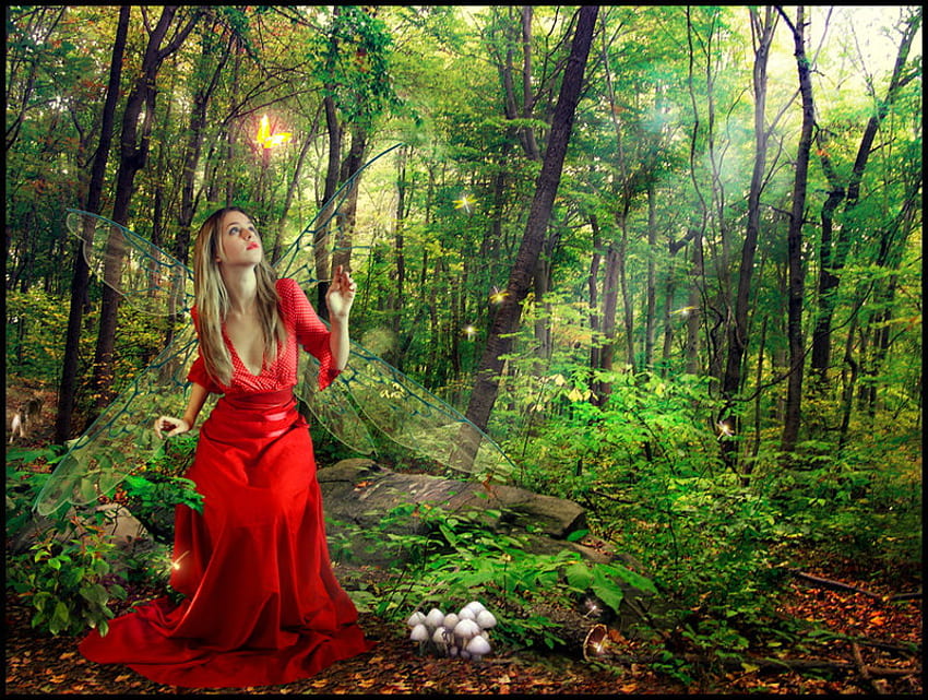 Горско момиче в червено, люлка, момиче, красиво, трева, жена, фея, дама, зелено, червено, дървета, цветя, гора HD тапет