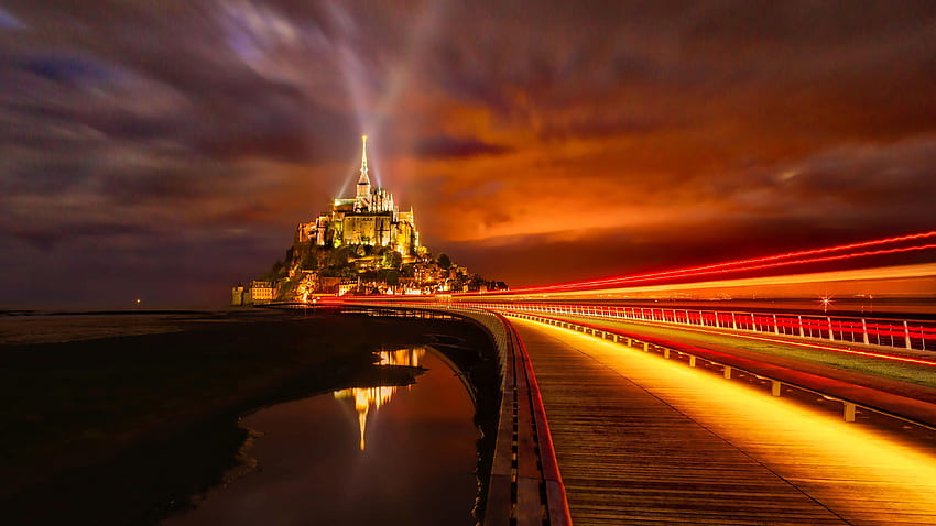 Mont Saint Michel Island Night Lights Normandy France U, Ultra French HD wallpaper