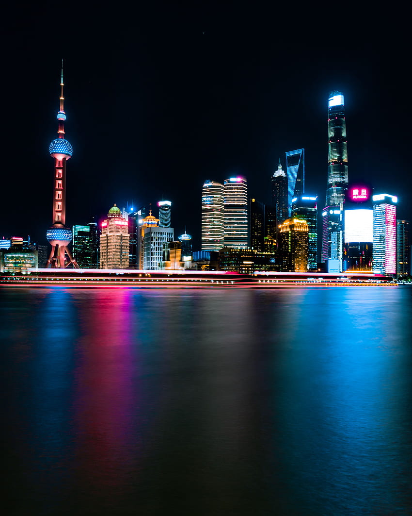 Градове, Нощен град, Светлини на града, Панорама, Китай, Шанхай HD тапет за телефон