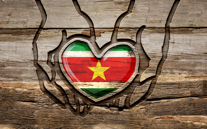 J'aime le Suriname, les mains de sculpture en bois, le jour du Suriname, le drapeau du Suriname, le drapeau du Suriname, prenez soin du Suriname, la créativité, le drapeau du Suriname à la main, la sculpture sur bois, les pays d'Amérique du Sud, le Suriname Fond d'écran HD