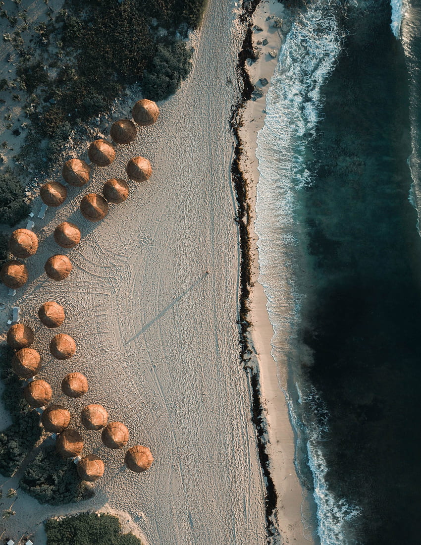 Aerial view, resort at beach, small huts HD phone wallpaper