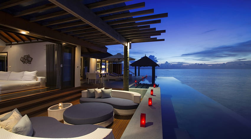 Velassaru Resort, Maldives, sea, bungalow, tropical, suite, beautiful, beach, vacations, clouds, pool, resort, evening, sunset, travel HD wallpaper