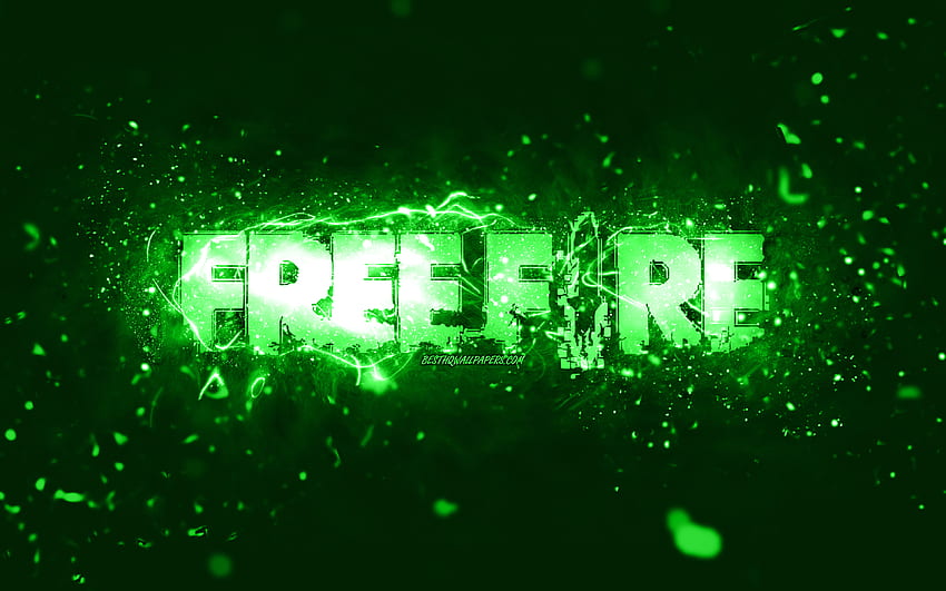 Зелено лого на Garena Fire, , зелени неонови светлини, творчески, зелен абстрактен фон, лого на Garena Fire, онлайн игри, лого на Fire, Garena Fire HD тапет