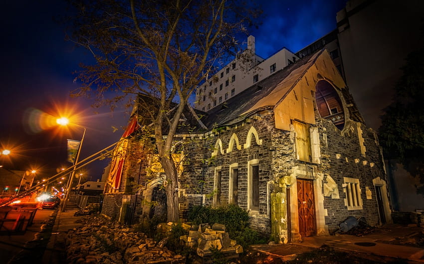 โบสถ์ที่พังทลายในนิวซีแลนด์ r กลางคืน เมือง แสงไฟ r โบสถ์ที่พังทลาย วอลล์เปเปอร์ HD
