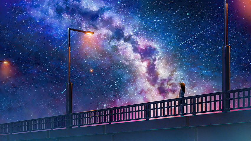 Anime Girl seule au pont regardant la galaxie pleine d'étoiles, arrière-plan et, Anime Purple Galaxy Fond d'écran HD