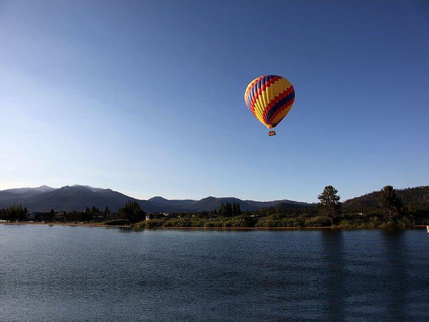 Hot Air Ballooning Over the Lake, air, trees, sky, grass, balloon, lake, mountain HD wallpaper
