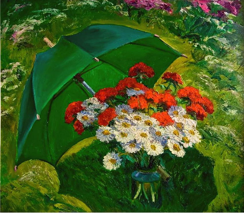 Ivanov. Under the green umbrella, umbrella, painting, art, flower, ivanov HD wallpaper
