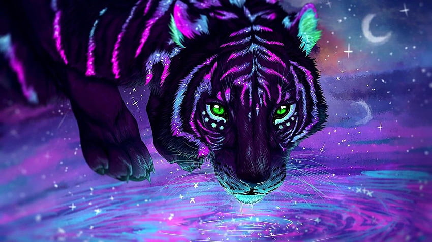 Tiger, Purple, Digital Art, Green Eyes HD wallpaper