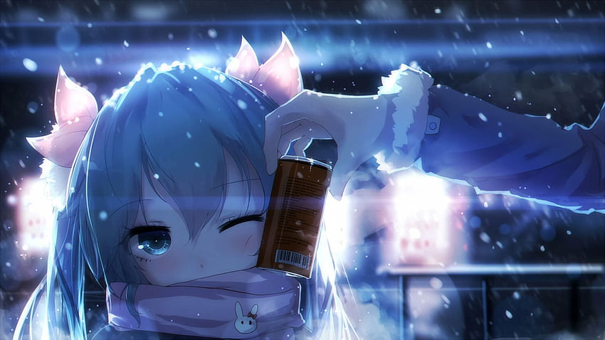 Anime 2560 x 1440 Hatsune Miku, snow, cold, blue, scarf, Hot and Cold HD wallpaper