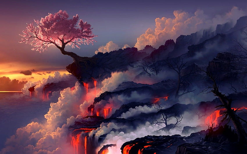 natura paesaggio Fantasy art fuoco alberi fumo lava fiori di ciliegio opera d'arte arte digitale fightstar alb. Scenario anime, paesaggio fantasy, scenario, arte vulcanica Sfondo HD