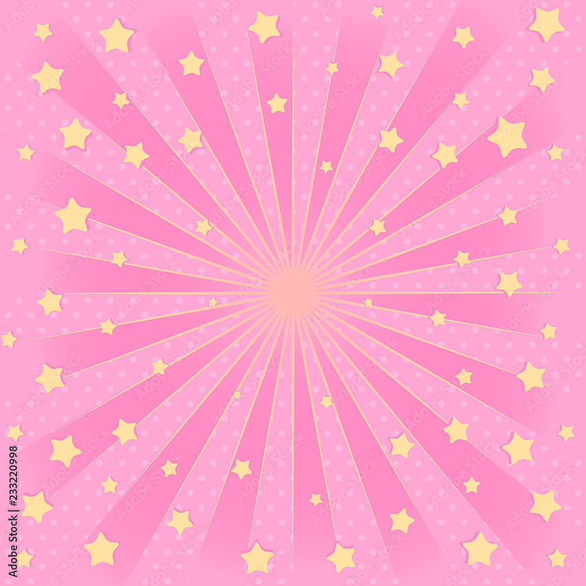 Розов фон със слънчеви лъчи, летяща звезда във въздуха. Романтична елегантност за покана (покана за birtay, парти, отстъпка) Сладък банер за LOL изненада, празно място в центъра за текст Stock Vector HD тапет за телефон