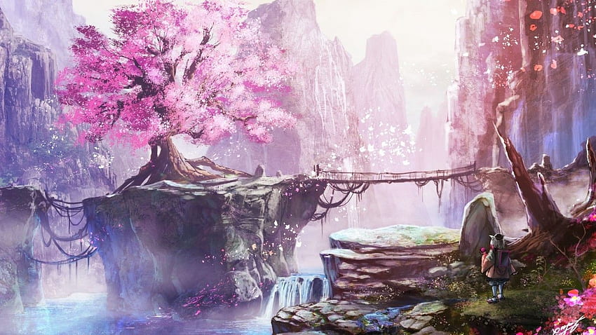 Paisaje de anime, flor de cerezo, puente, cereza estética fondo de pantalla