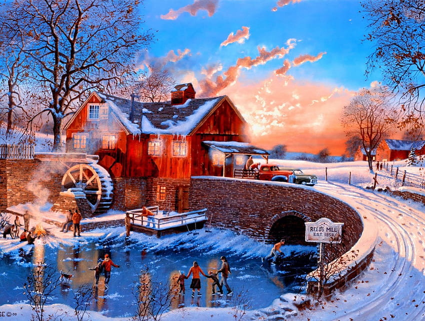 Zima, malarstwo, lód, Boże Narodzenie Tapeta HD