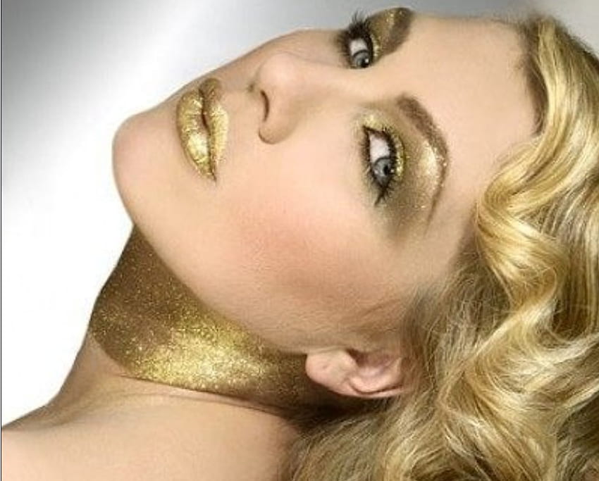 gold lady, makeup, face, gold, hair, beauty HD wallpaper