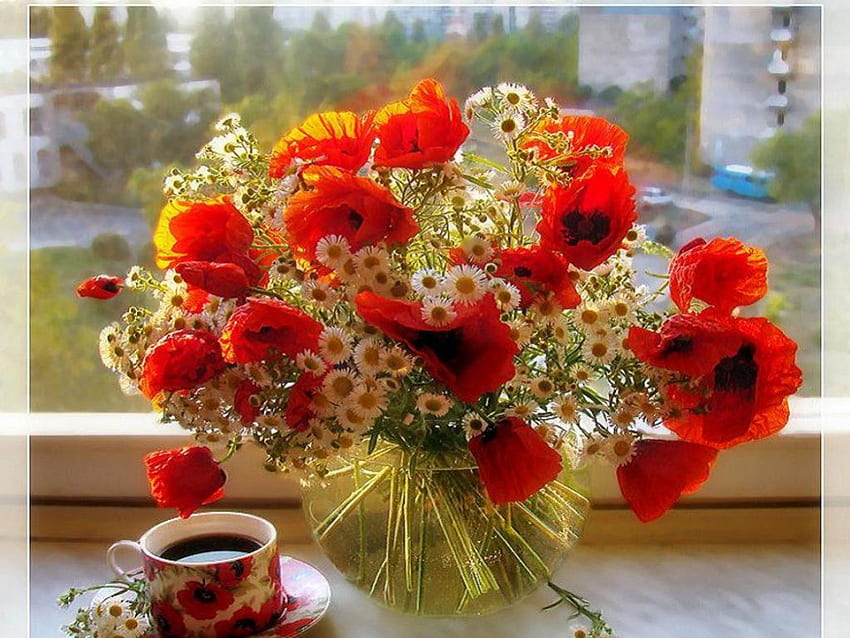 Buongiorno, caffè, fiori, buongiorno Sfondo HD