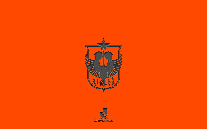 Albirex Niigata, оранжев фон, японски футболен отбор, емблема на Albirex Niigata, J2 лига, Япония, футбол, лого на Albirex Niigata HD тапет