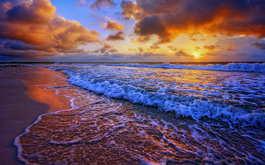 Fala Piasek Chmura Zachód słońca Natura Ocean Beach., Plaża Sunset Ocean Waves Tapeta HD