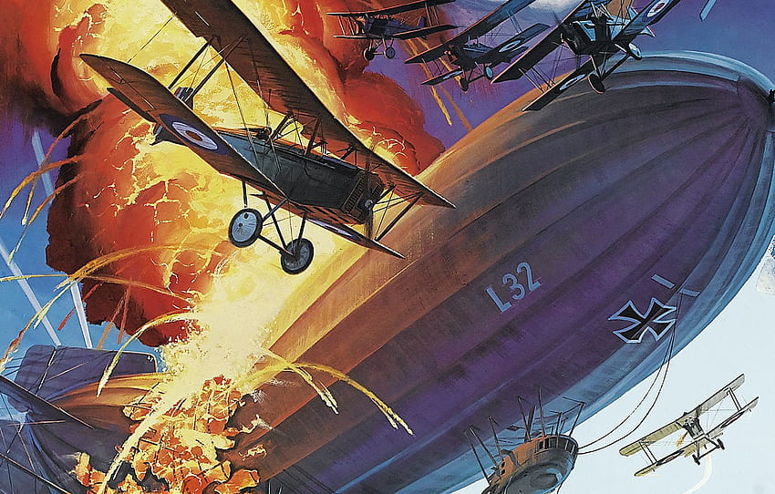 o céu, fogo, chama, batalha, arte, o dirigível, ar, Aeronave, A primeira guerra mundial para, seção авиация, Pintura de dirigível papel de parede HD