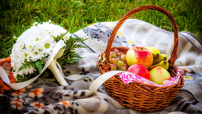 Lebensmittel, Blumen, Äpfel, Blumenstrauß, Korb HD-Hintergrundbild