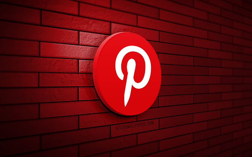 3D лого на Pinterest, червена тухлена стена, творчески, социални мрежи, лого на Pinterest, 3D изкуство, Pinterest HD тапет