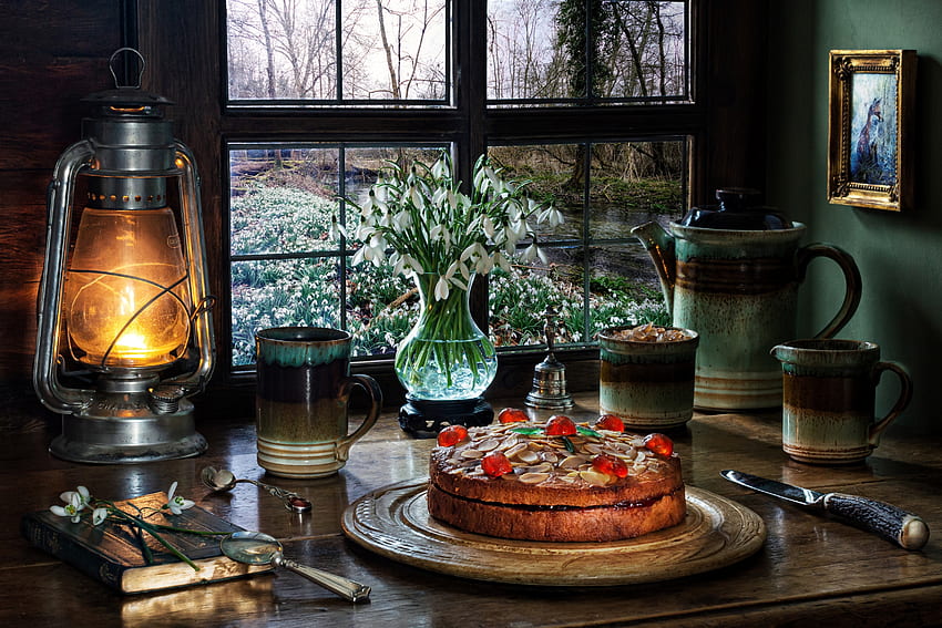 Still life, Coffee pot, Snowdrops, Mugs, Window, Book HD wallpaper