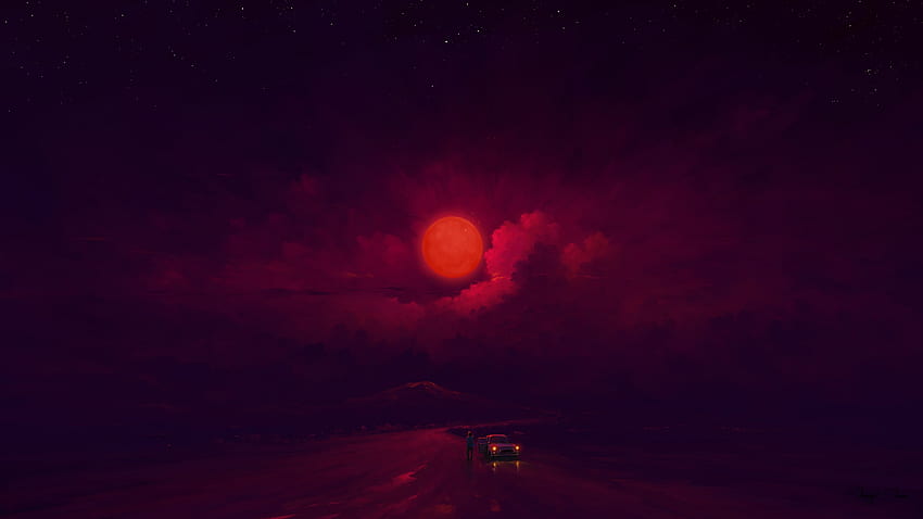 Дигитална Червена луна Нощно небе Облаци Кола BisBiswas - Резолюция: HD тапет