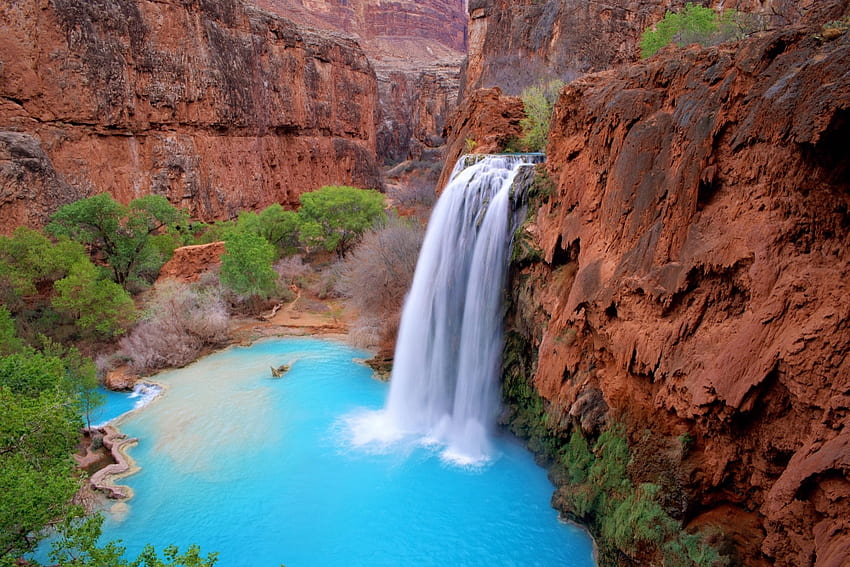 Водопад, син, популярни, цветове, водопади, красота, кафяво, зелено, природа, планини, вода, места HD тапет